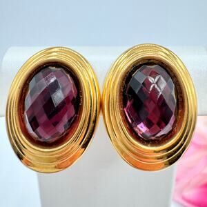 Vintage 80s Amethyst Glass Earrings Bezel Set Faceted Cabochon Oval Gold Tone